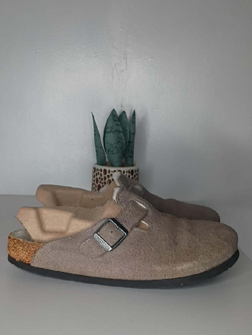Birkenstock Taupe Suede Slip-On Clogs with Buckle